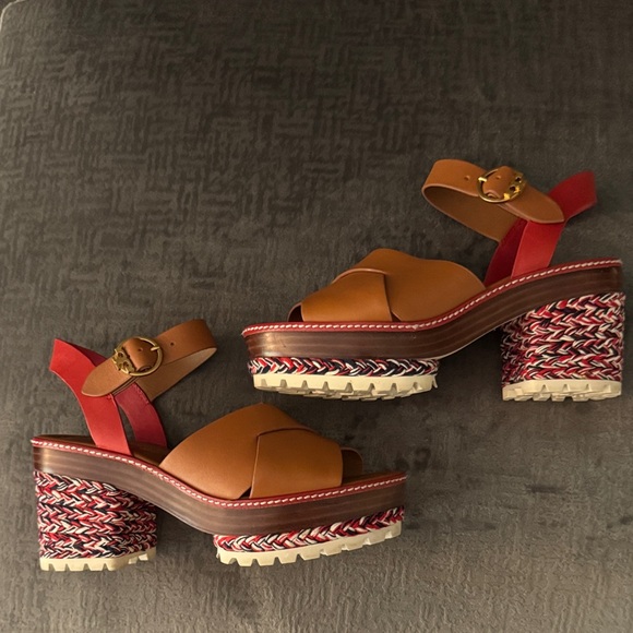 Tory Burch Ambra Brilliant Red and Brown Espadrille Sandals - Picture 3 of 4
